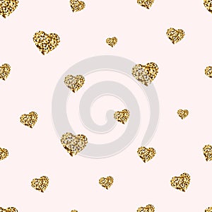 Gold glitter hearts seamless pattern. Golden hearts with sparkles and star dust. Cute Valentines Day background