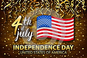 Gold glitter Independence day USA greeting card, flyer. July fourth poster. Patriotic banner for website template. Usable for 4th
