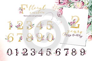 Gold glitter letter alphabet. Isolated Golden alphabetic fonts and numbers on white background. Floral wedding font text