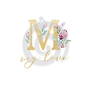 Gold glitter letter love wedding. Isolated Golden alphabetic fonts and numbers on white background. Floral wedding font