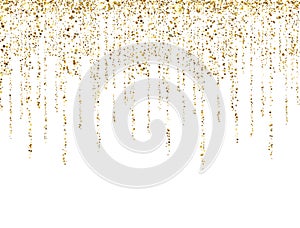 Gold glitter lines on white background. Glitter decoration frame. Golden sparkling confetti. Luxury holiday border