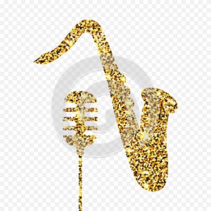 Gold glitter Old microphone and saxophone. Golden sparcle retro microphone and saxophone on transparent background. Amber p