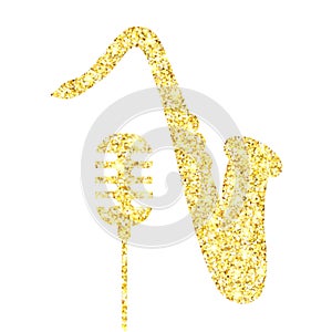 Gold glitter Old microphone and saxophone. Golden sparcle retro microphone and saxophone on white background. Amber particl