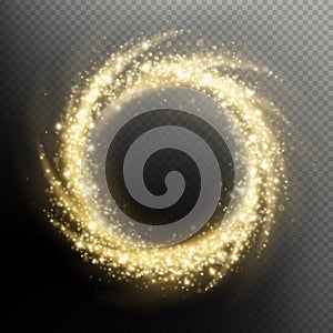 Gold glitter particle swirl fireworks light circle overlay effect. EPS 10