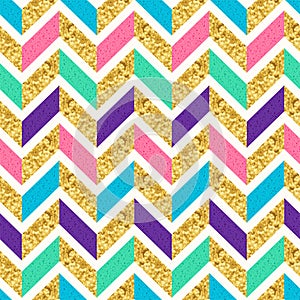 Gold Glitter, Pink, Green and Purple Geometric Herringbone Seamless Pattern. Elegant Background