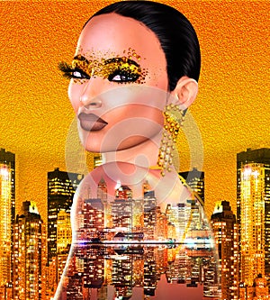 Gold glitter pop art image of a woman`s face. This is a digital art image of a close up woman`s face in pop art style.