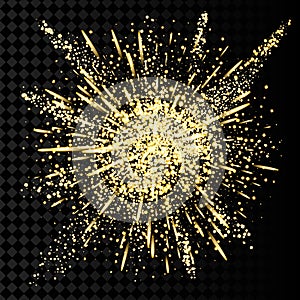 Gold glitter powder explosion. Golden dust and spark particles splash or shimmer burst.
