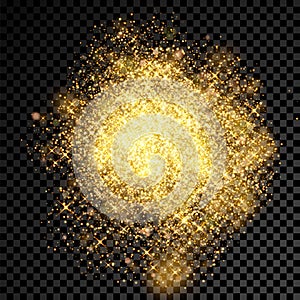 Gold glitter powder shining sparkles burst on vector transparent background