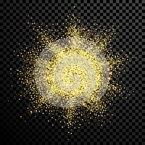 Gold glitter powder shining sparkles on vector transparent background