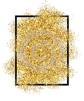 Gold glitter sand in black frame isolated white background. Golden texture confetti, sequins, dust spray. Bright pattern