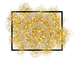 Gold glitter sand in black frame isolated white background. Golden texture confetti, sequins, dust spray. Bright pattern