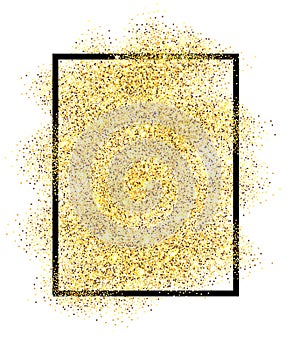 Gold glitter sand in black frame isolated white background. Golden texture confetti, sequins, dust spray. Bright pattern