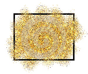 Gold glitter sand in black frame isolated white background. Golden texture confetti, sequins, dust spray. Bright pattern