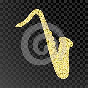 Gold glitter saxophone. Golden sparcle saxophone on black transparent background. Amber particles gold confetti element.