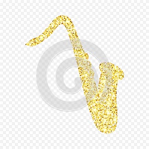 Gold glitter saxophone. Golden sparcle saxophone on white transparent background. Amber particles gold confetti element.