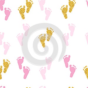 Gold glitter shining baby shower foot print  and pink foot prints seamless fabric design pattern