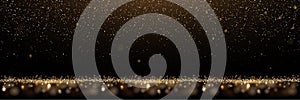 Gold glitter and shiny golden rain on black background. Vector horizontal luxury background. photo