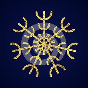 Gold glitter snowflake on dark blue background