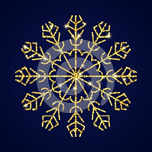 Gold glitter snowflake on dark blue background