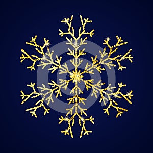 Gold glitter snowflake on dark blue background