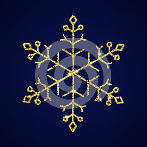 Gold glitter snowflake on dark blue background