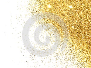 Gold glitter sparkles on white background. Beautiful abstract backdrop