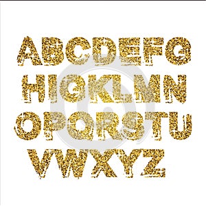 Gold glitter sparkling alphabet. Decorative golden luxury letters . Shiny glam abstract abc. Golden glitter text good for sale, ho