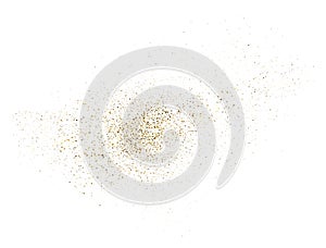 Gold glitter splash on white background. Bright dust explosion. Golden glitter particles splatter. Sparkling firework
