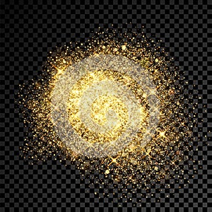 Gold glitter splatter of shining sparkles on vector transparent background