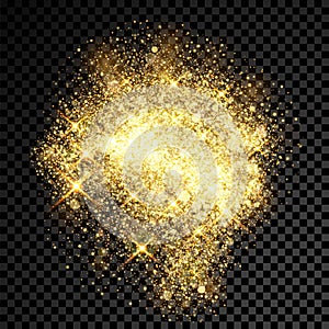 Gold glitter spray effect of sparkling particles on vector transparent background