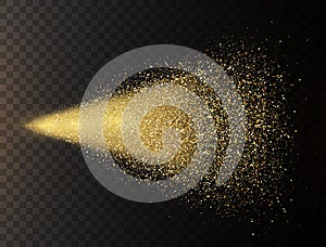 Gold glitter spray on transparent background. Glowing drops in motion. Golden magic star dust. Light particles. Bright glitter photo