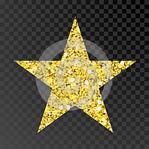 Gold glitter star. Golden sparcle star on black transparent background. Amber particles.