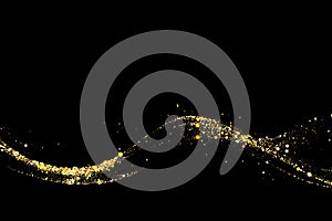 Gold glitter texture on a black background. Abstract golden color particles, confetti glitter wave flow. Festive