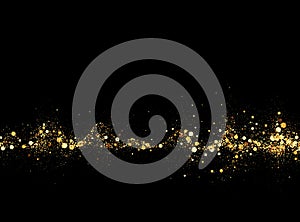 Gold glitter texture on a black background. Abstract golden colored particles, flow of wavy shiny confetti. Festive