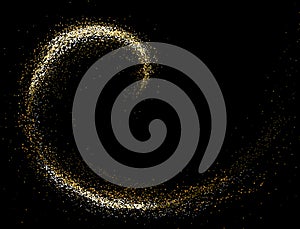 Gold glitter texture on a black background. Round Spiral galaxy of golden star dust
