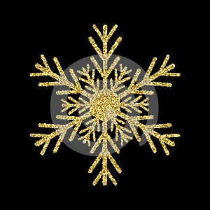 Gold glitter texture snowflake design isolated on black background.. Vector illustration.