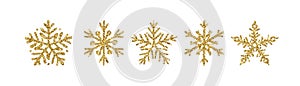 Gold glitter texture snowflake hand drawn icons set on white background. Shiny Christmas, New year and winter sparkling golden