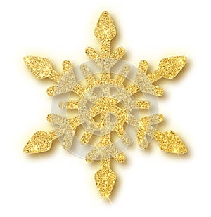 Gold glitter texture snowflake isolated on white background. Vector illustration