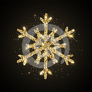 Gold glitter textured snowflake icon on black background. Vector Shiny Christmas, New year and winter sparkling golden