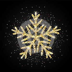 Gold glitter textured snowflake icon on black background. Vector Shiny Christmas, New year and winter sparkling golden hand drawn