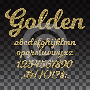 Gold glitter vector font, golden alphabet with lowercase letters, numbers and symbols