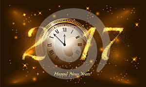 Gold glitter Vector 2017 Happy New Year background with gold clock. Golden Greeting Card with glitter gold letters