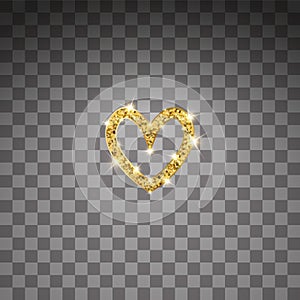Gold glitter vector heart. Golden sparcle St. Valentines day card. Luxouy design element. Amber particles on transparent