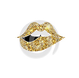 Gold glitter vector lips. Golden sparkle kiss.