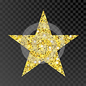 Gold glitter vector star. Golden sparcle star on black transparent background. Amber particles