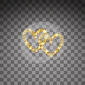 Gold glitter vector two hearts. Golden sparcle St. Valentines day card. Luxouy design element. Amber particles on