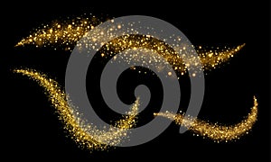 Gold glitter waves of sparkling confetti on vector black background