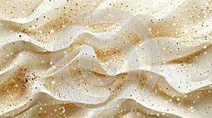 Gold glitter on wavy white silk fabric background