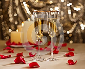 Gold glitter Wedding reception setting with champagne