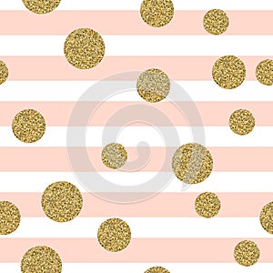 Gold glittering confetti circles on striped seamless pattern.